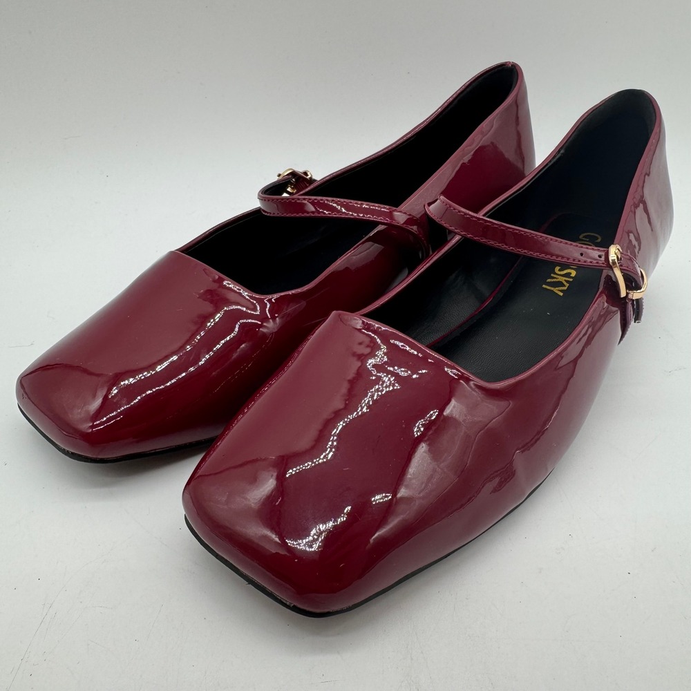 GOUPSKY Womens US 10-10.5 Burgundy Mary Jane Ballet Flats Square Toe Buckle